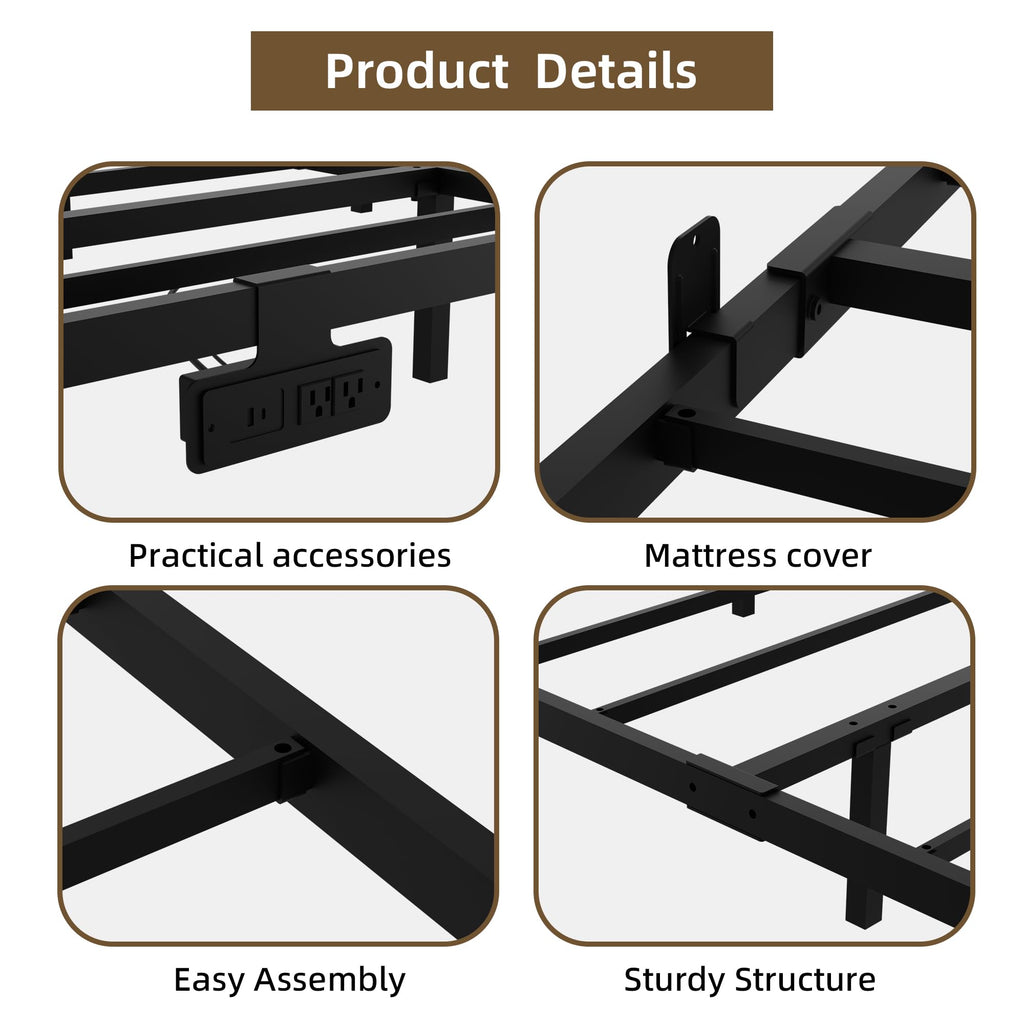 King Size Metal Platform Bed Frame with Charging Station and LED Lights F53552