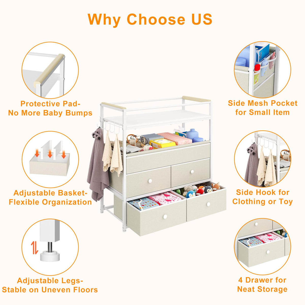 Baby Diaper Changing Table Dresser with Safety Bumper and 4 Drawer A78981
