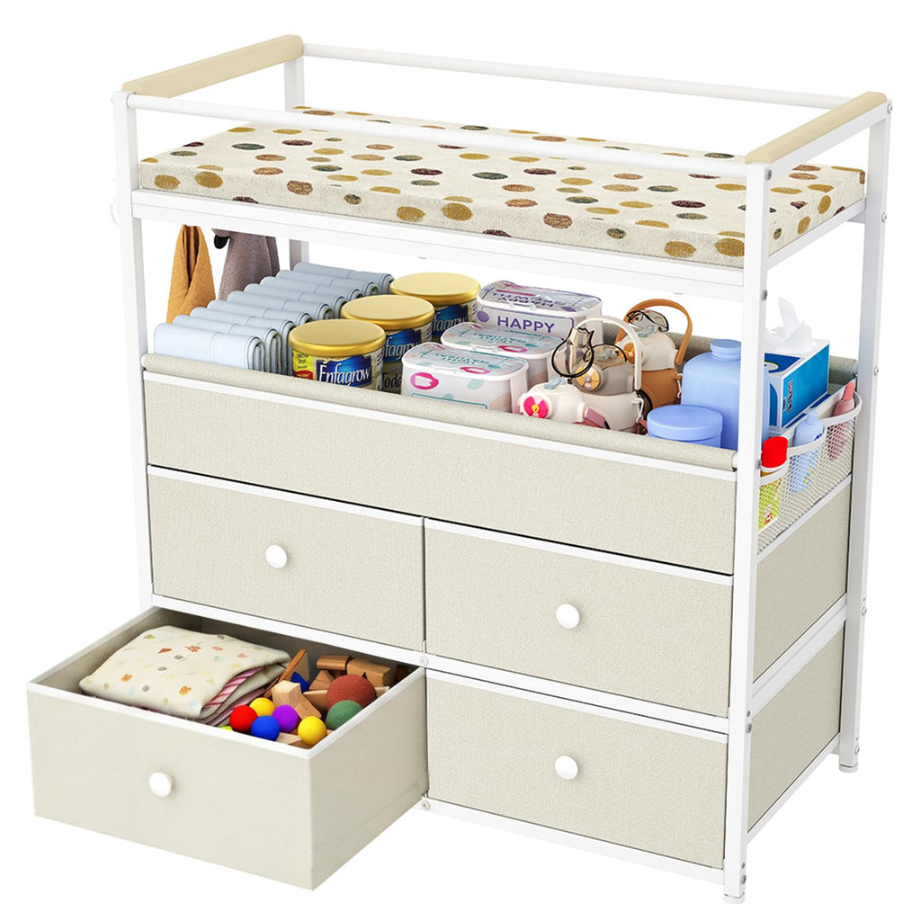Baby Diaper Changing Table Dresser with Safety Bumper and 4 Drawer A78981