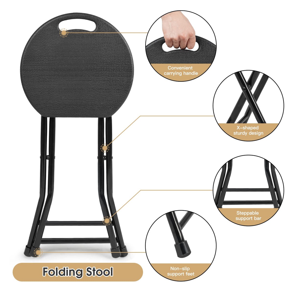 Set of 4 Folding Stool 600lbs Capacity with Handle Black W4940