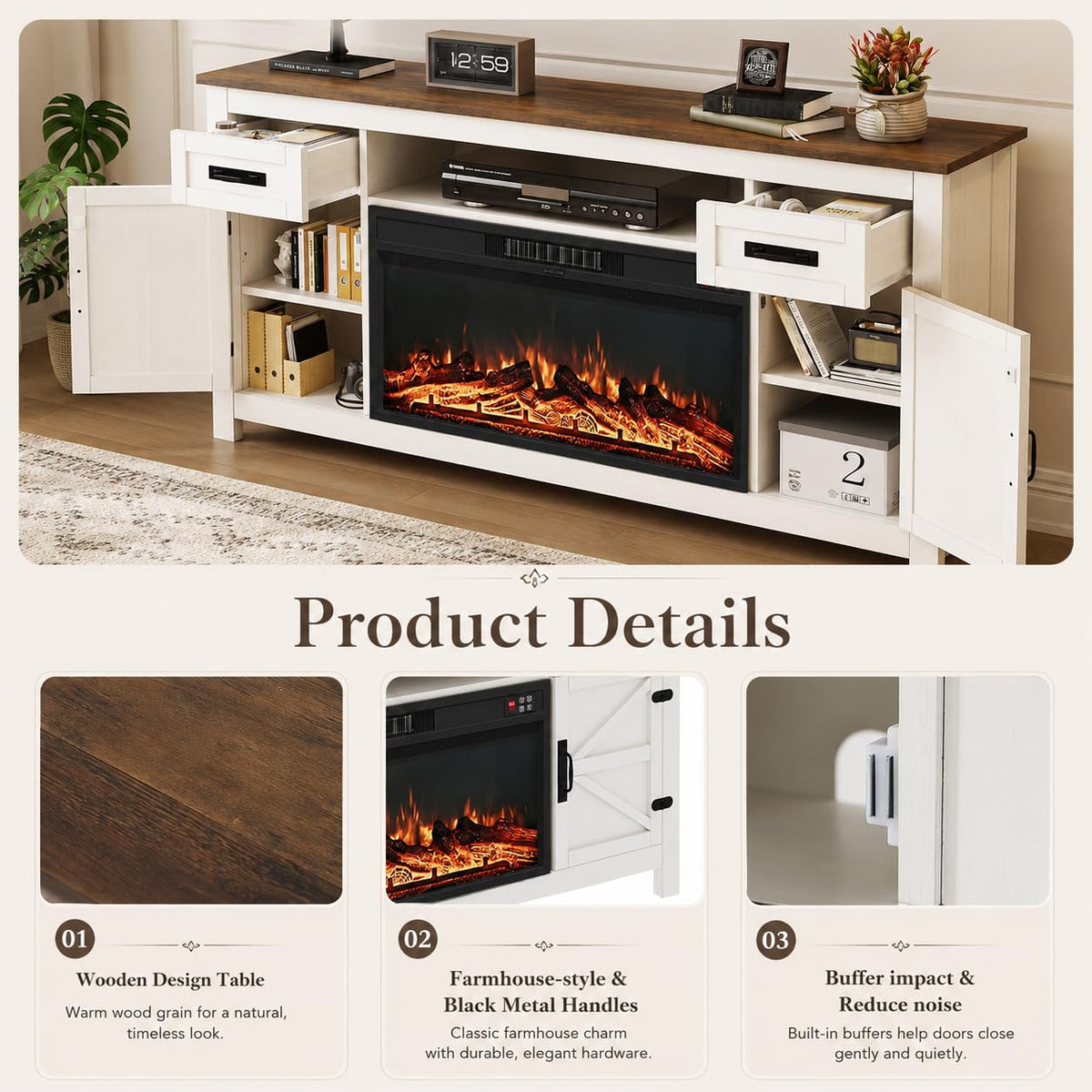 White 70 inch Fireplace TV Stand with Barn Door Y250117