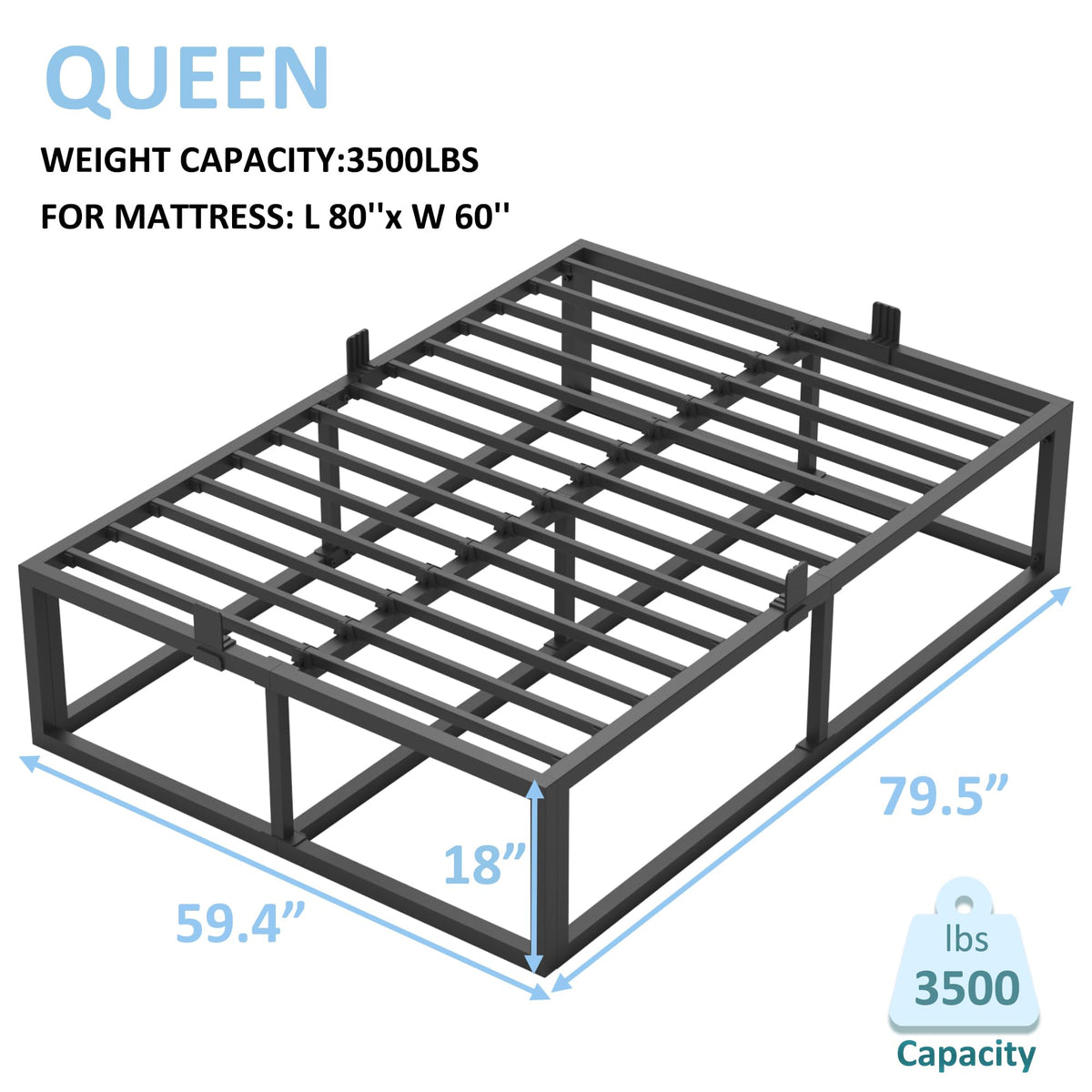 18 Inch Queen Size Black Metal Platform Bed Frame V585