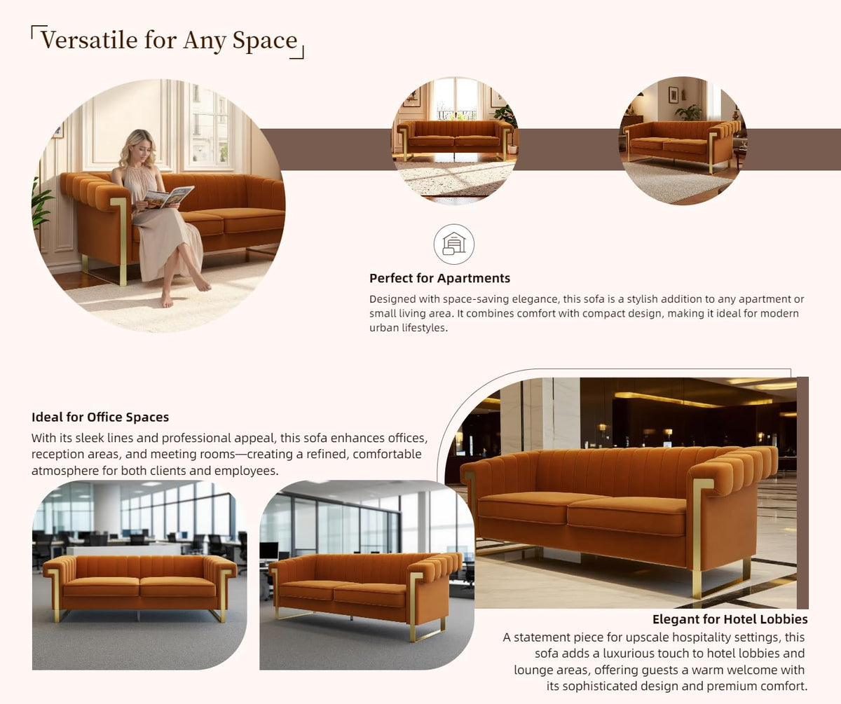 Orange Velvet 3 Seater Sofa with Gold Metal Legs H6030