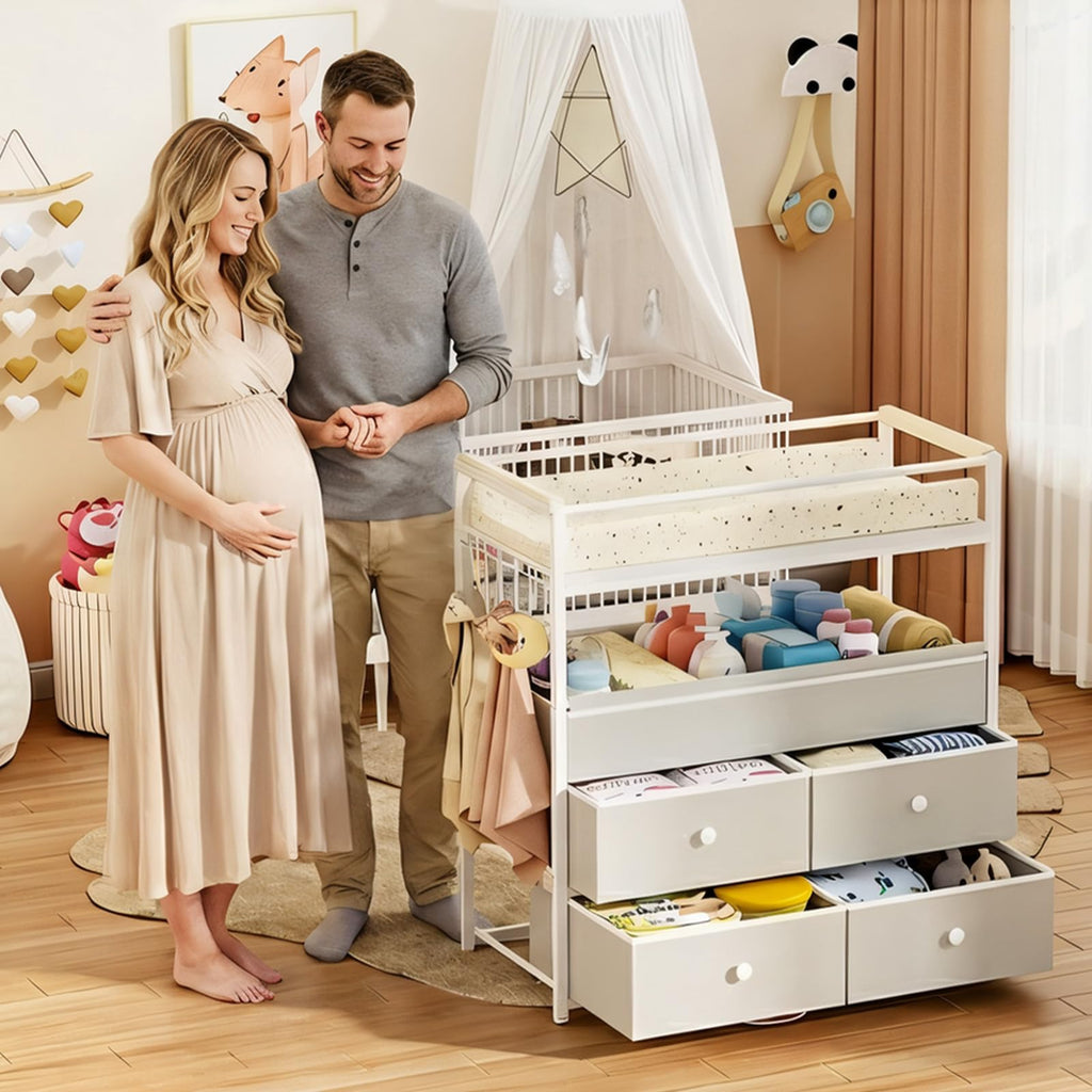 Baby Diaper Changing Table Dresser with Safety Bumper and 4 Drawer A78981