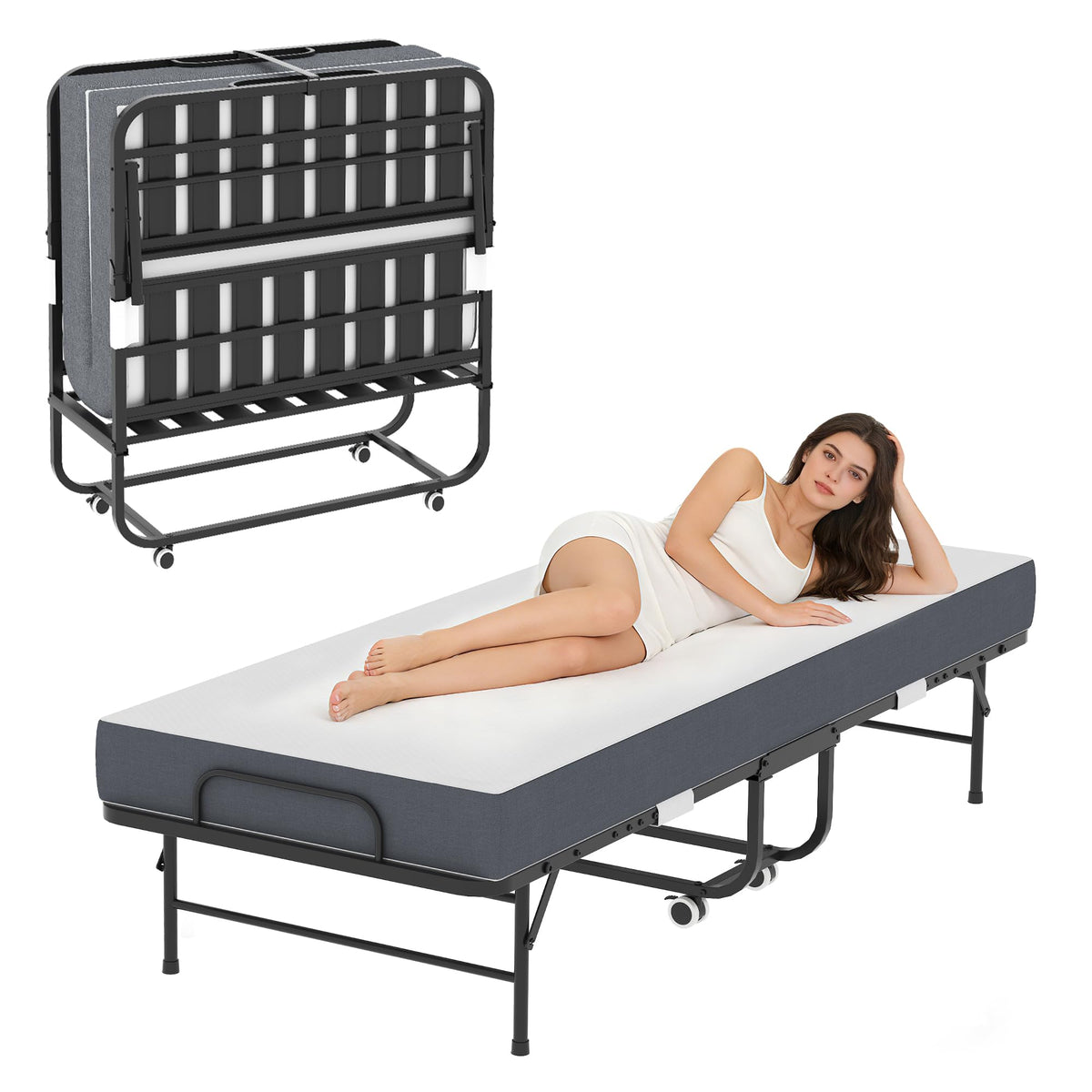 Foldable Roll Away Bed with Mattress 75" x 38" O58357