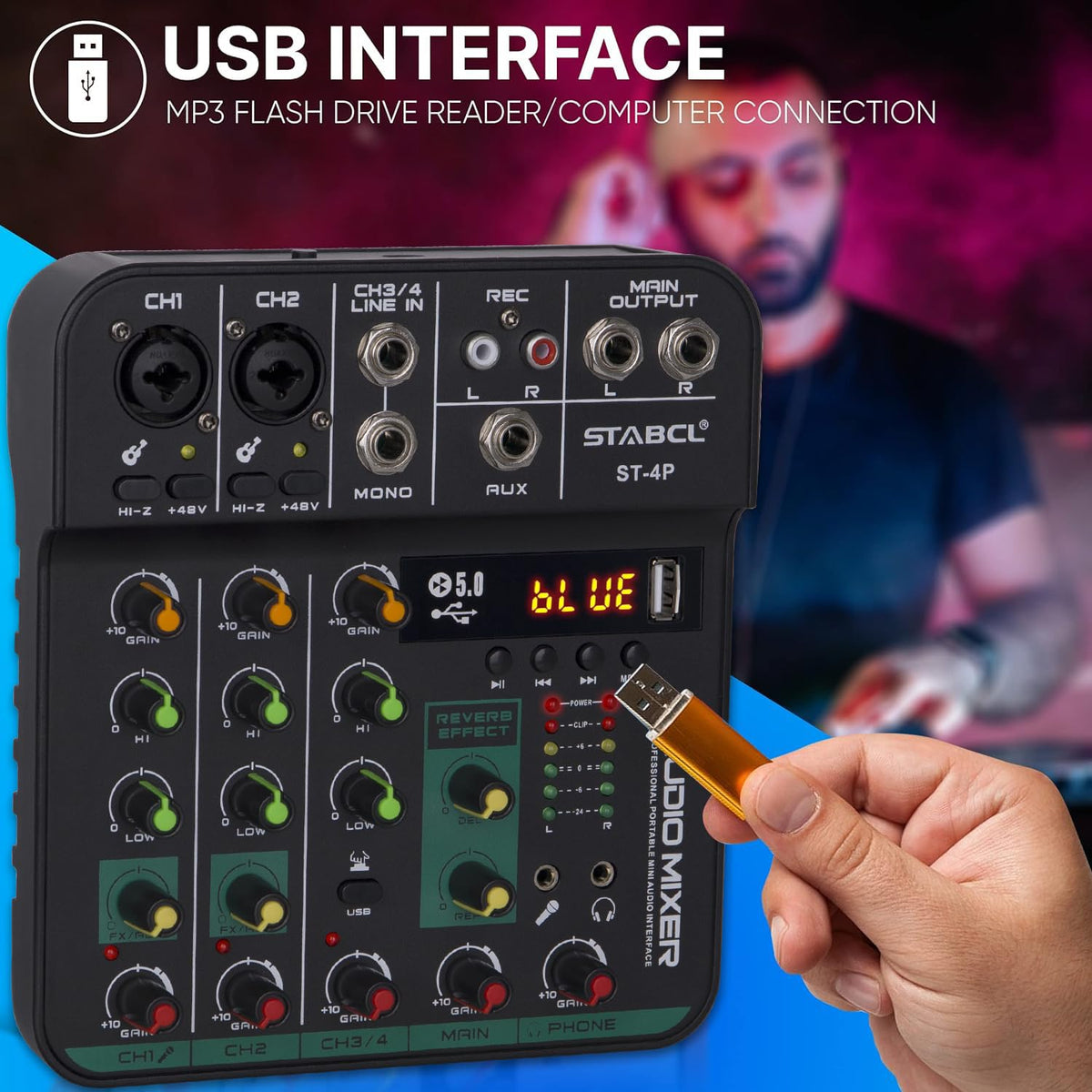 4 Channel Audio Mixer with USB BT 48V Phantom Power A383623