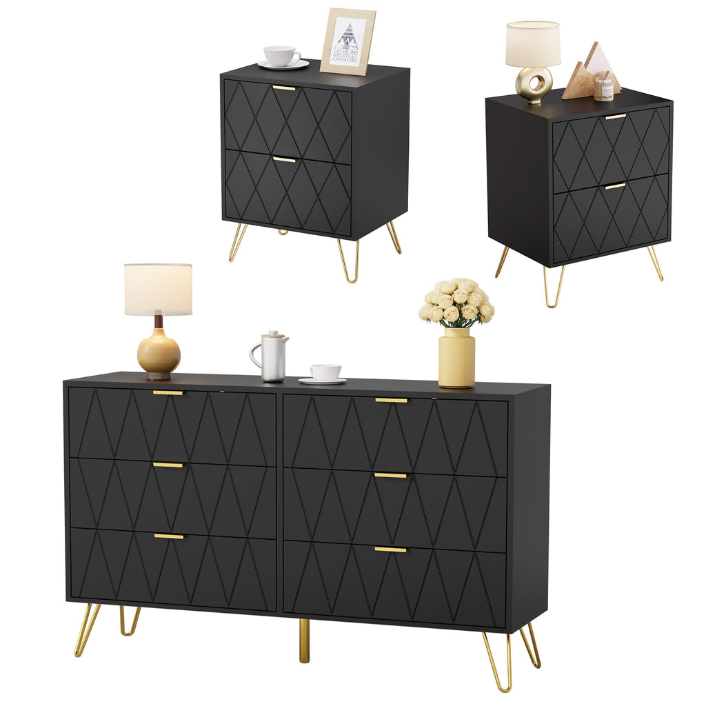 Black 6 Drawer Dresser and 2 Drawer Nightstand Set of 2 F761640