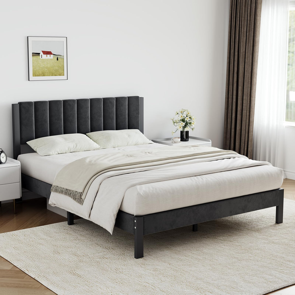 Full Size Metal Platform Bed Frame with Velvet Black Headboard and Footboard S6869