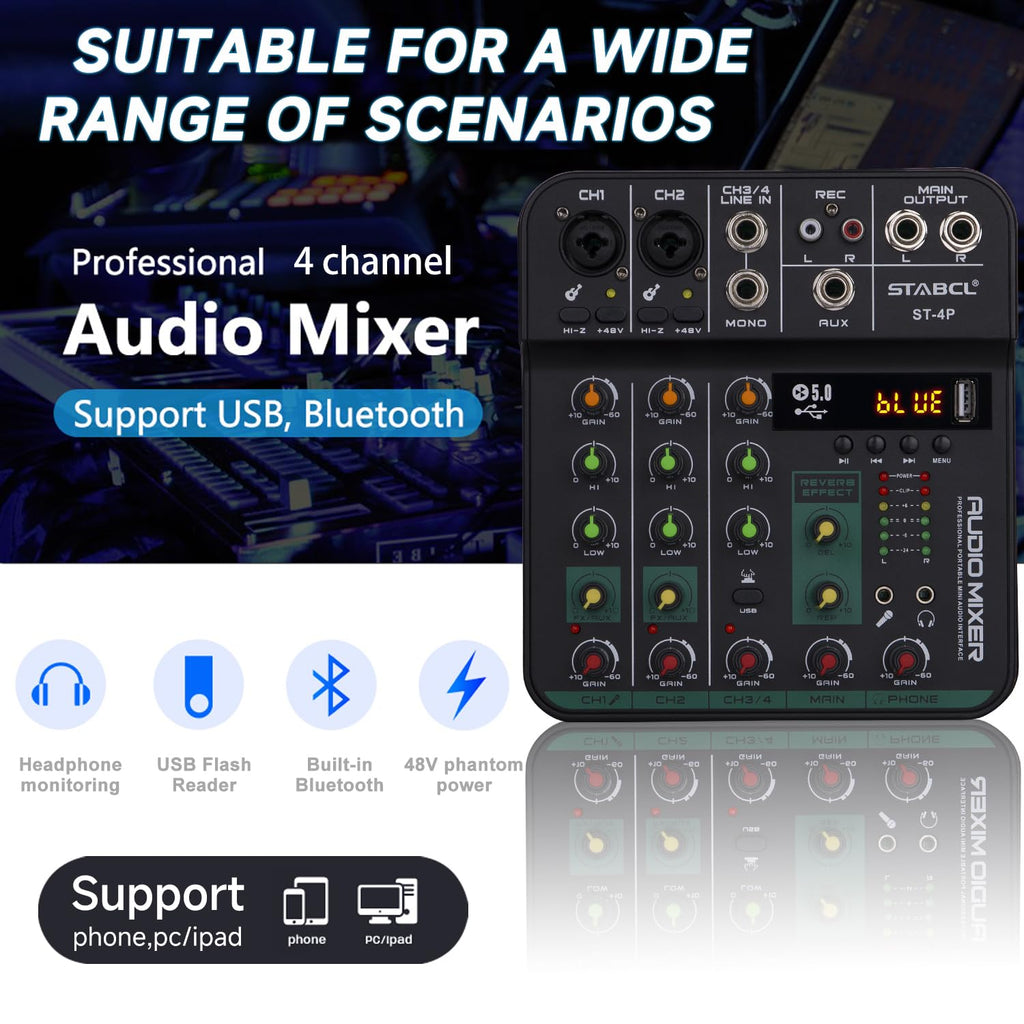4 Channel Audio Mixer with USB BT 48V Phantom Power A383623