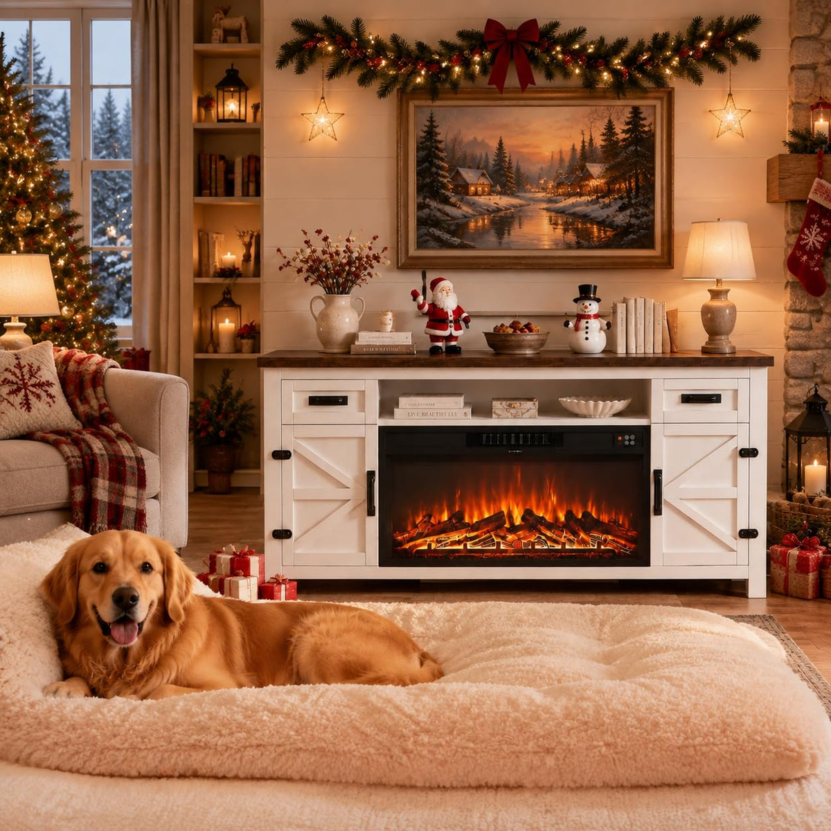 White 70 inch Fireplace TV Stand with Barn Door Y250117