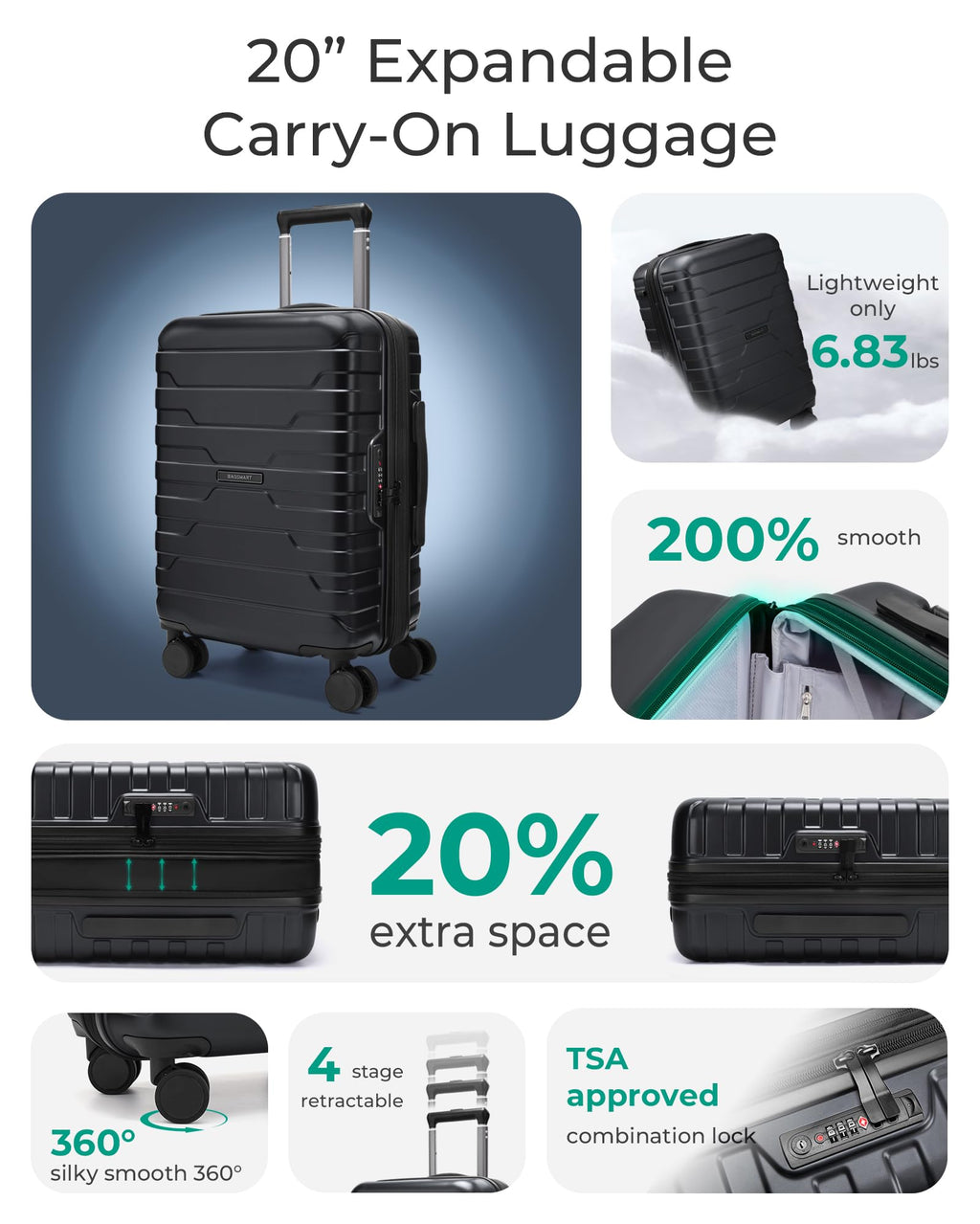 Expandable Spinner Carry-On Luggage 20" Black I91675
