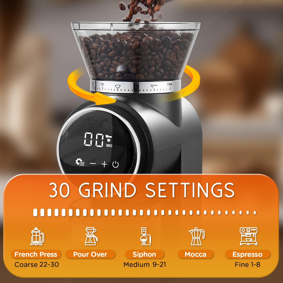 Conical Burr Electric Coffee Grinder with 30 Settings O41993
