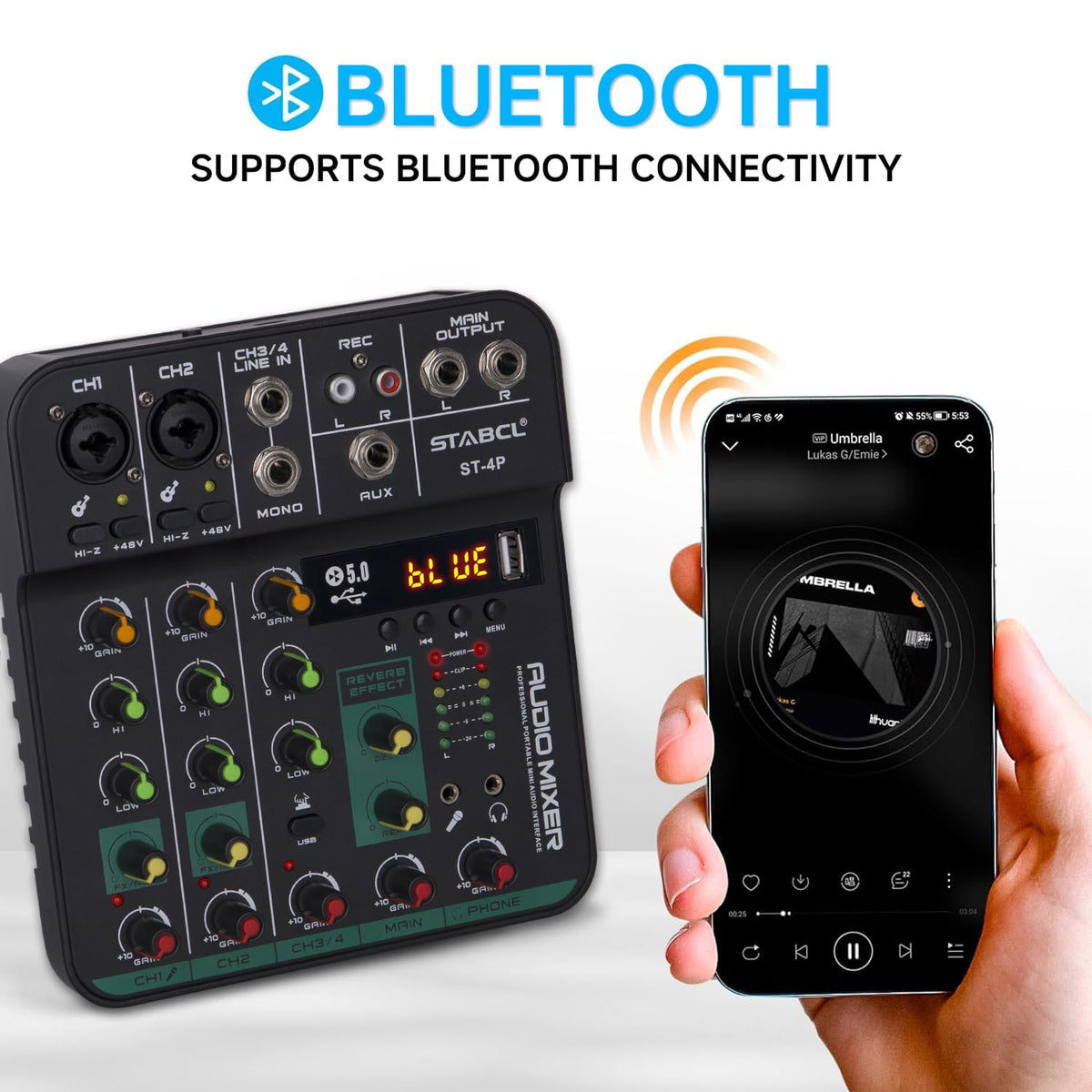 4 Channel Audio Mixer with USB BT 48V Phantom Power A383623