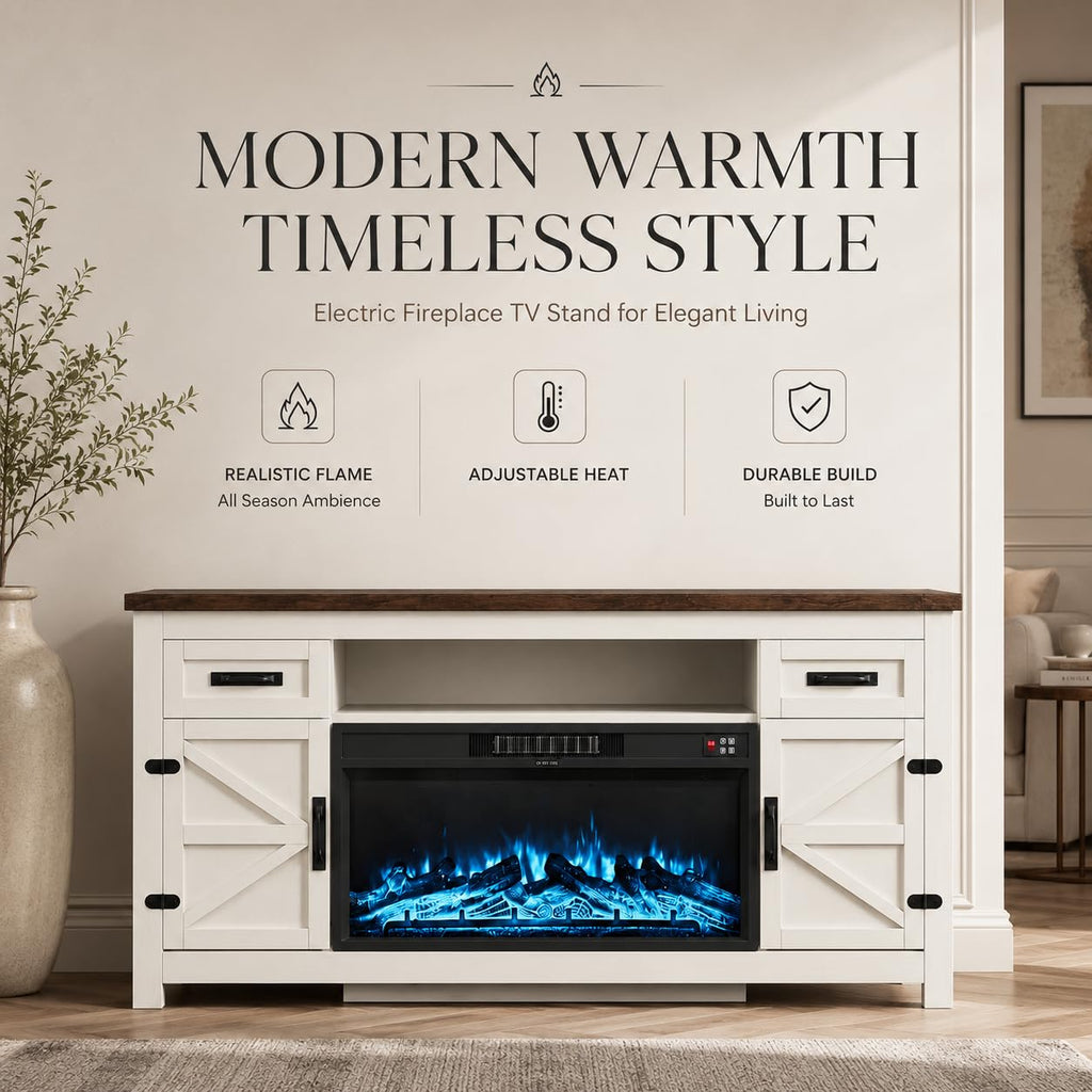 White 70 inch Fireplace TV Stand with Barn Door Y250117