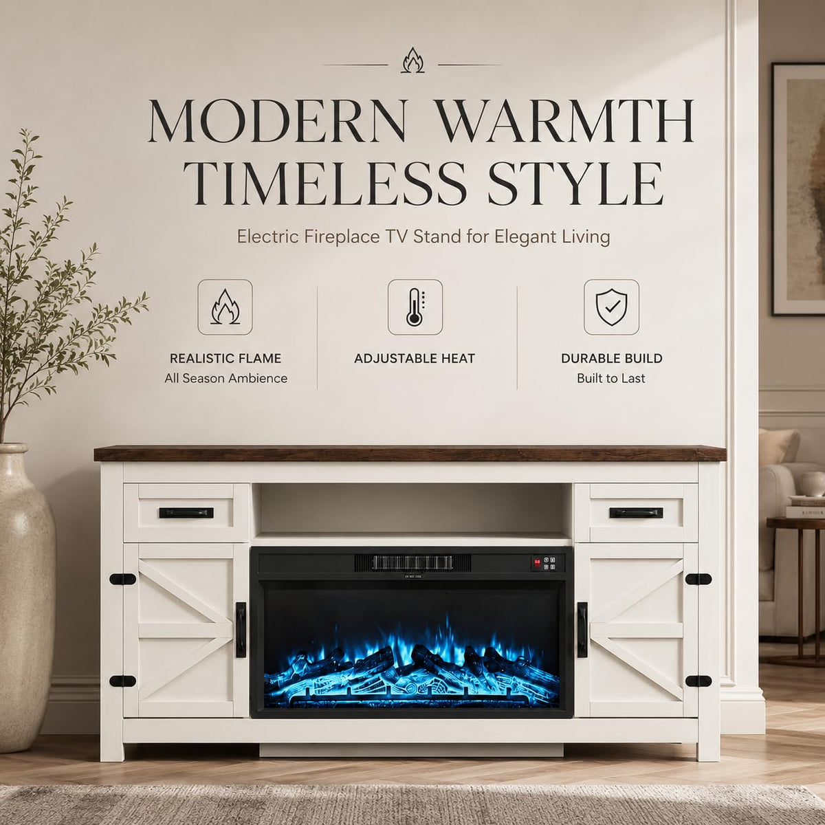 White 70 inch Fireplace TV Stand with Barn Door Y250117