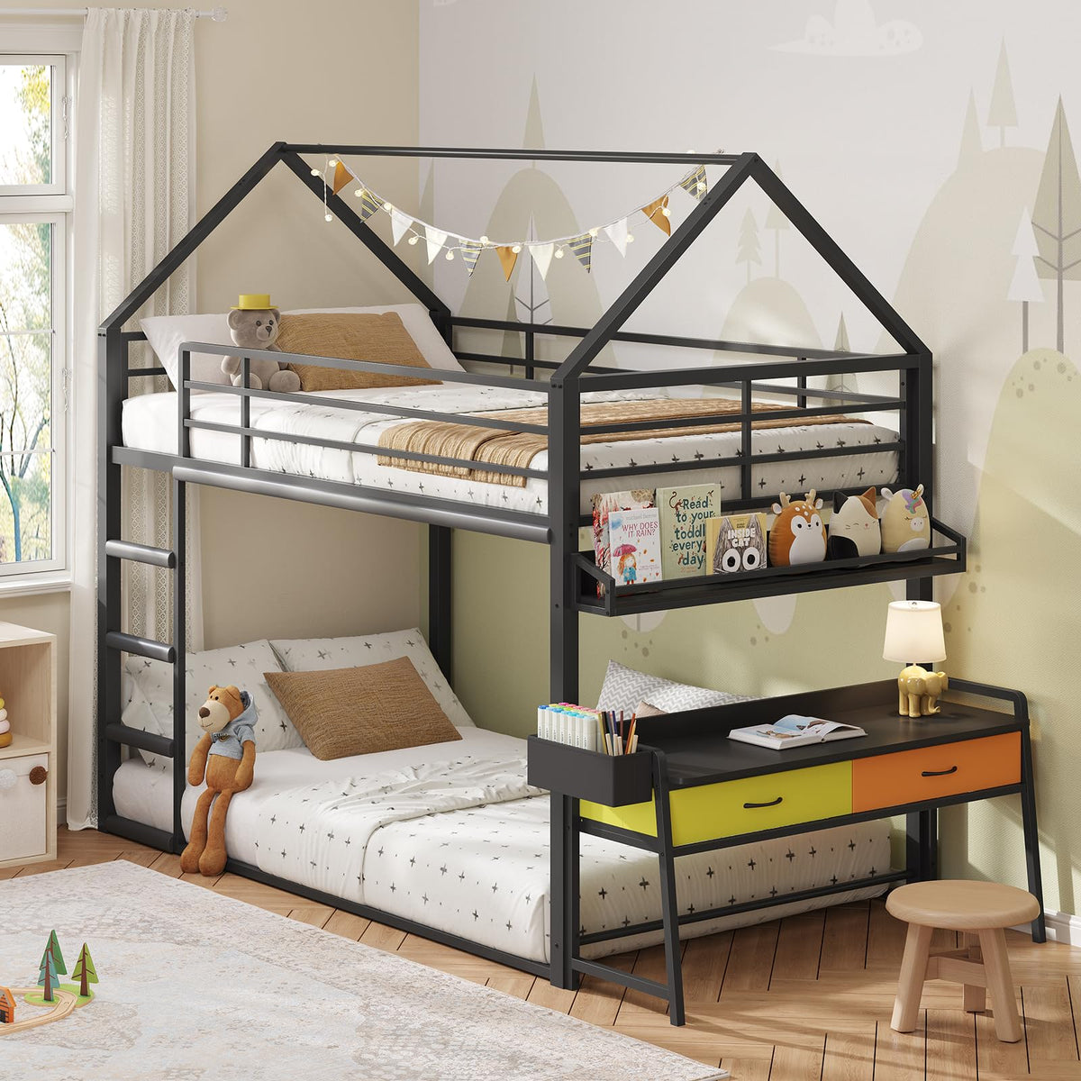 Twin Over Twin Bunk Bed with Desk and Drawers F33284