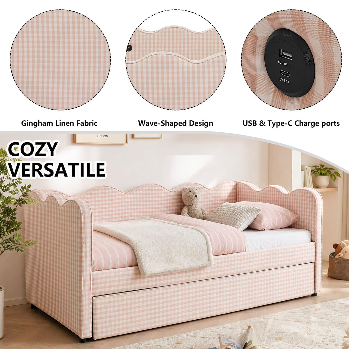 Pink Twin Size Linen Upholstered Daybed with Trundle D470097