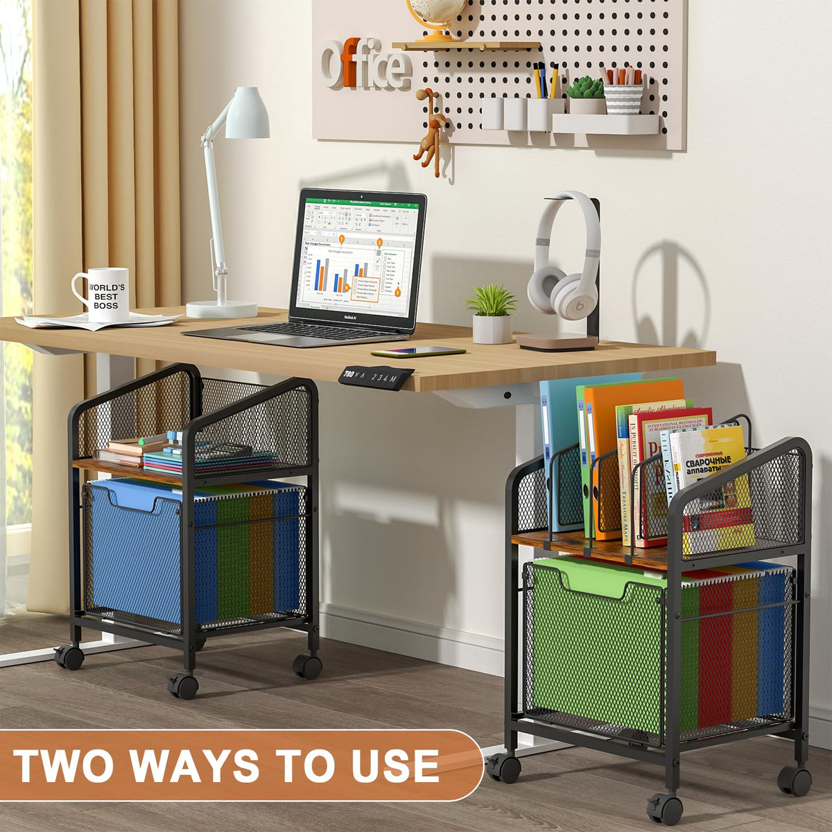 Rolling File Cabinet with Adjustable Dividers and Storage Drawer W17199