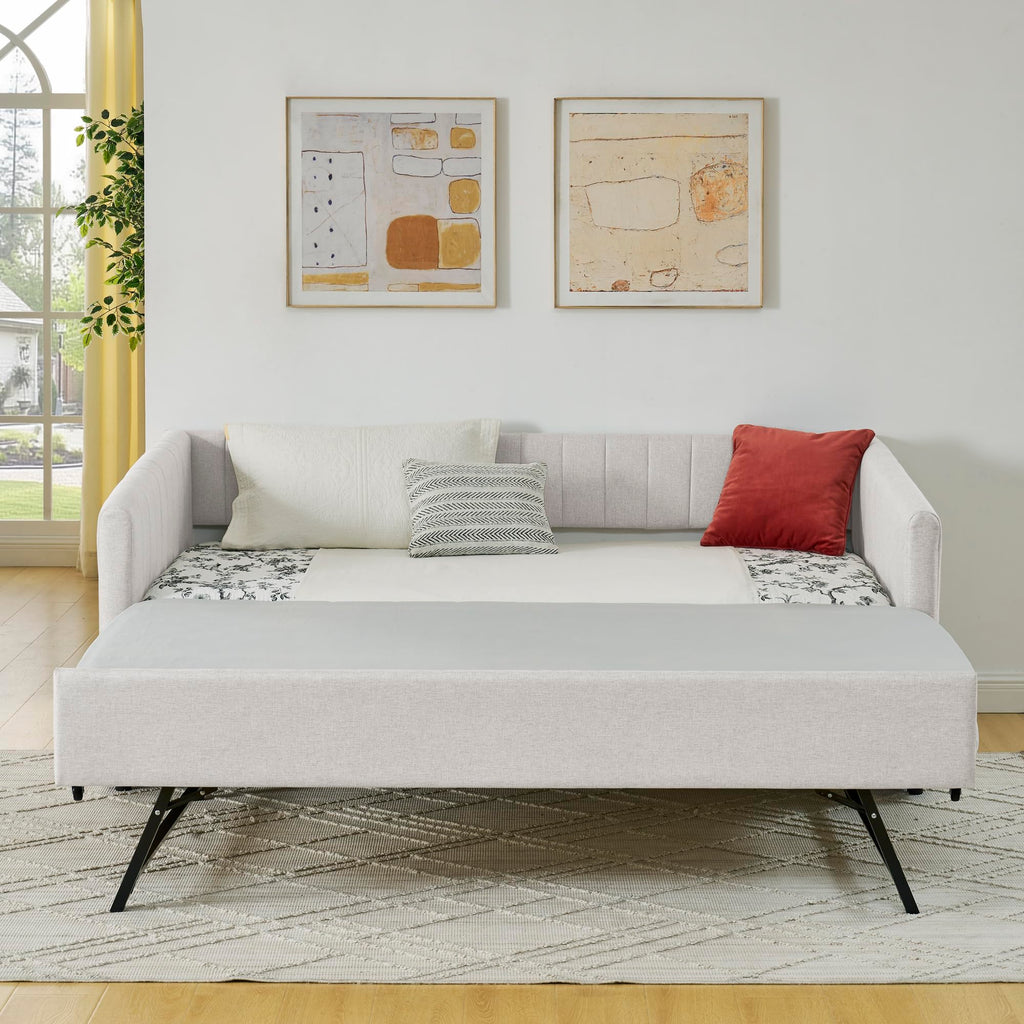Twin Size Upholstered Linen Daybed with Trundle M19331