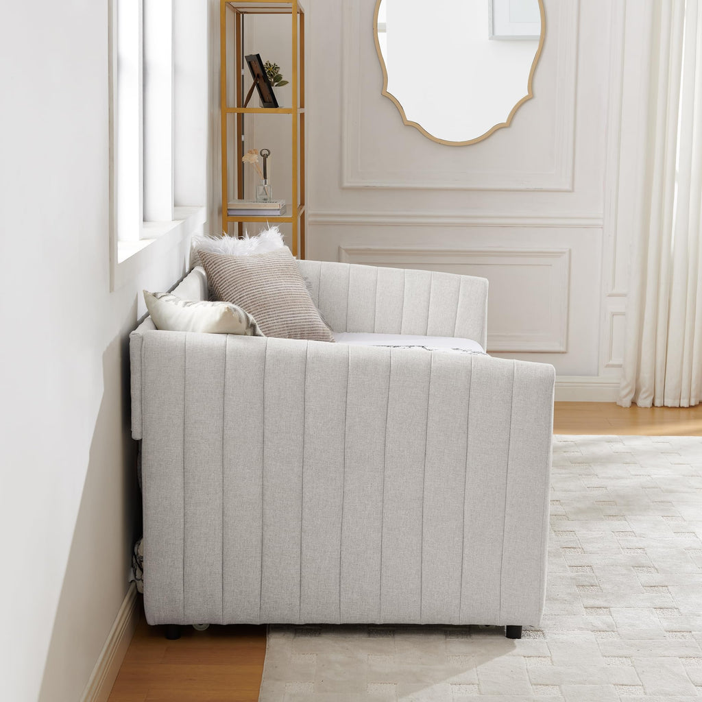 Twin Size Upholstered Linen Daybed with Trundle M19331