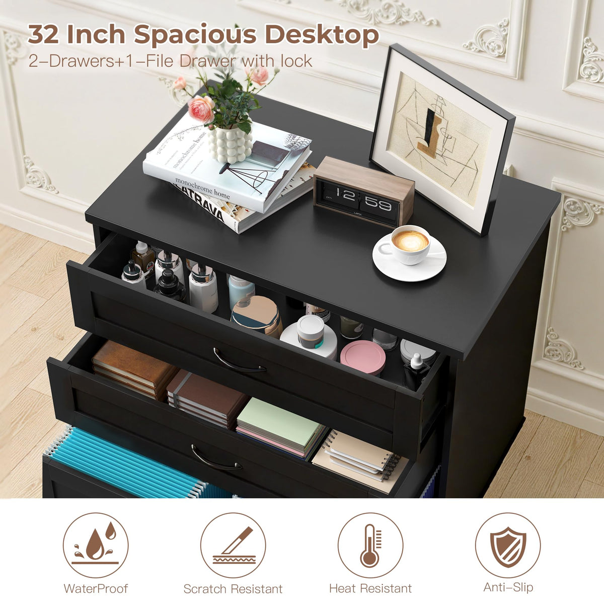 3-Drawer Wooden File Cabinet with Lock S36845