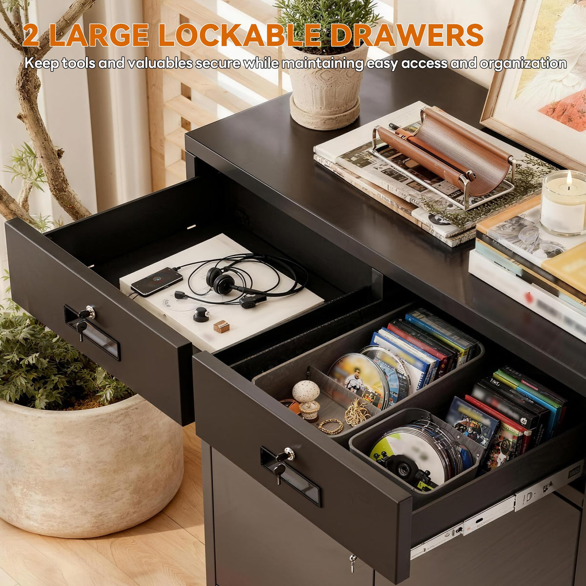Black Metal Storage Cabinet with 2 Drawers B677