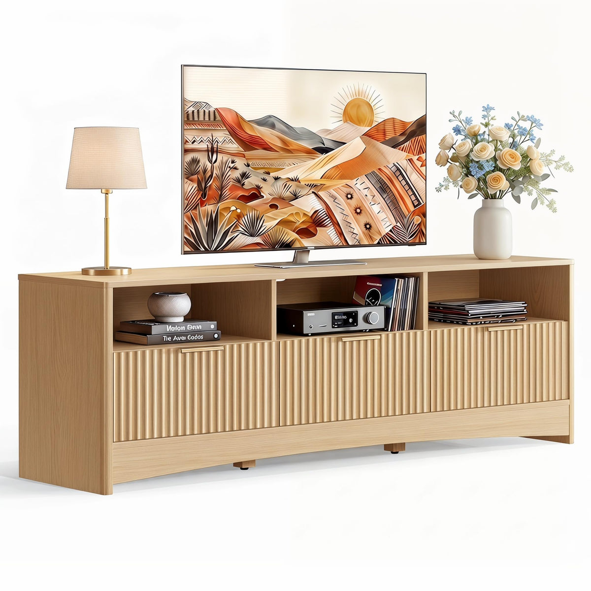 Oak Fluted TV Stand for 65 inch TV with Drawers P44541