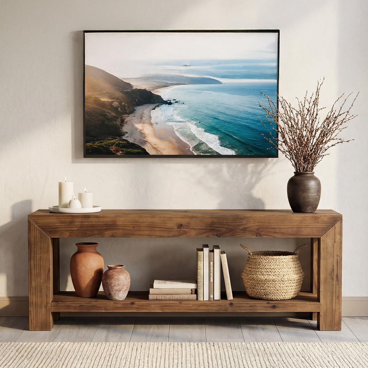 Solid Wood 63" TV Stand with Open Storage Shelves J477