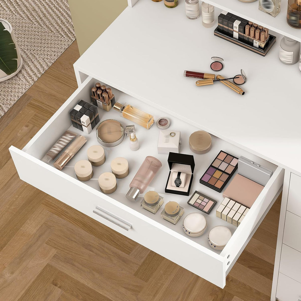 White Vanity Desk with Mirror & Lights, 5 Drawers & Storage Shelves Z878244