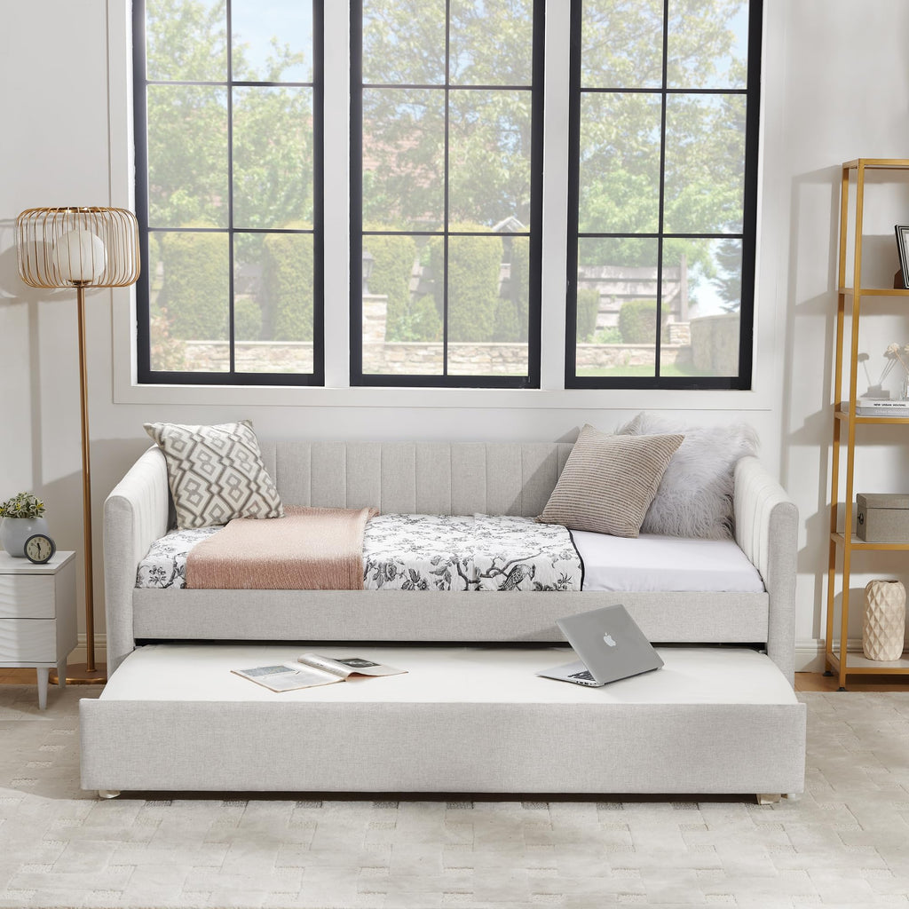 Twin Size Upholstered Linen Daybed with Trundle M19331