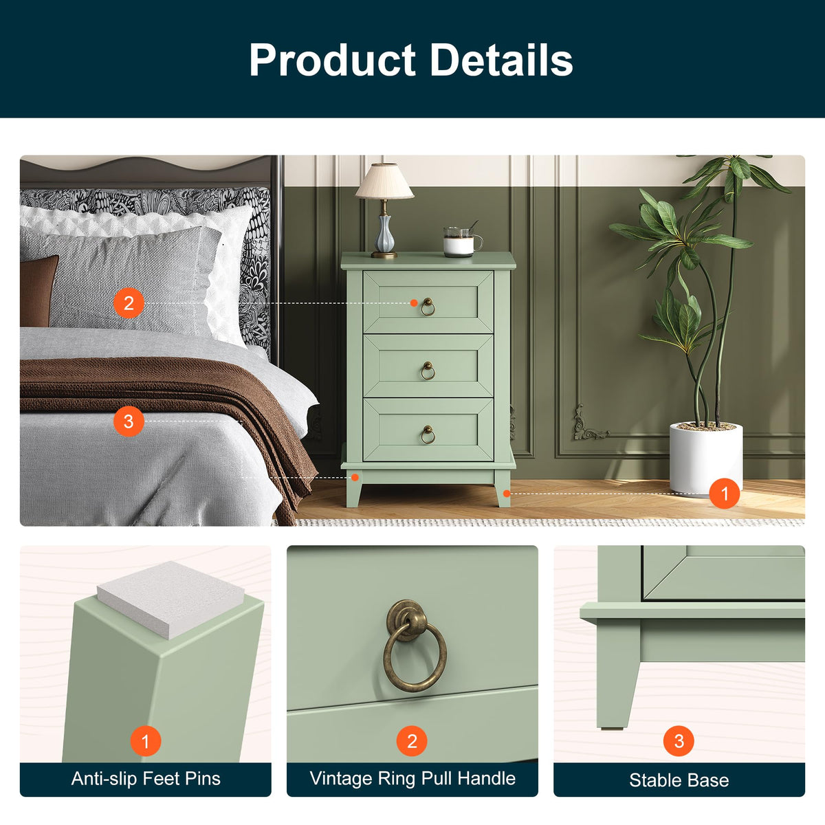 Tall Wooden Nightstand Set of 2 with 3 Drawers Y126