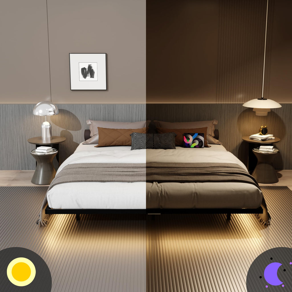 King Size Metal Platform Bed Frame with Charging Station and LED Lights F53552