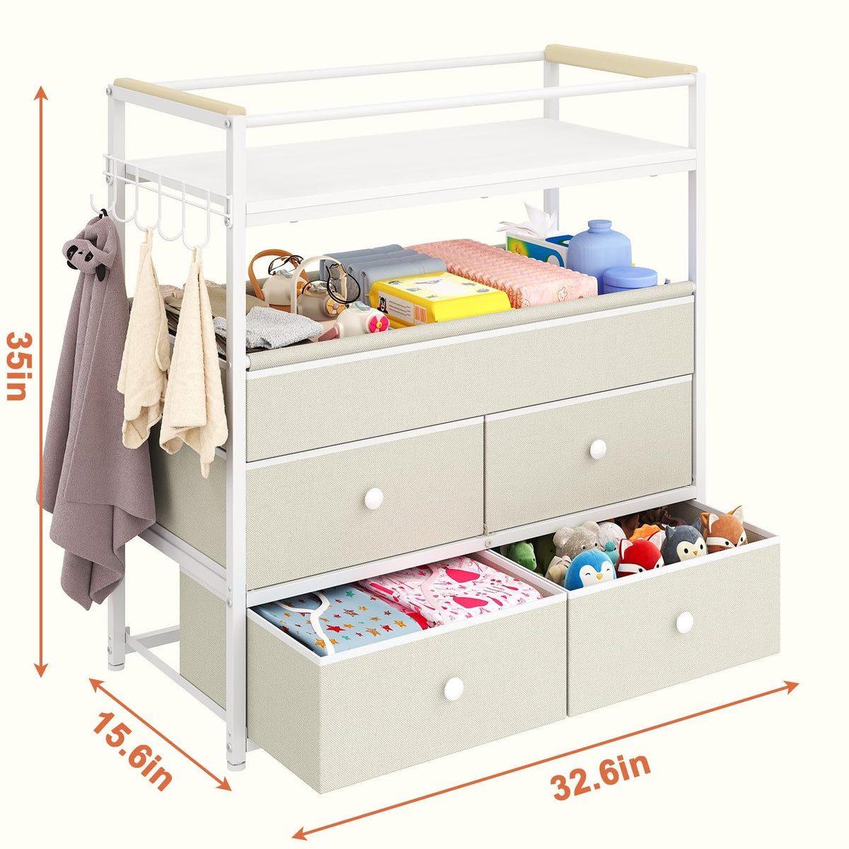Baby Diaper Changing Table Dresser with Safety Bumper and 4 Drawer A78981