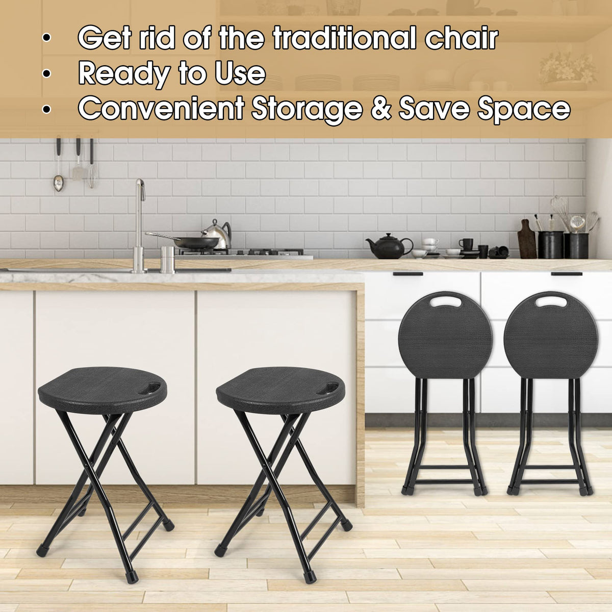 Set of 4 Folding Stool 600lbs Capacity with Handle Black W4940