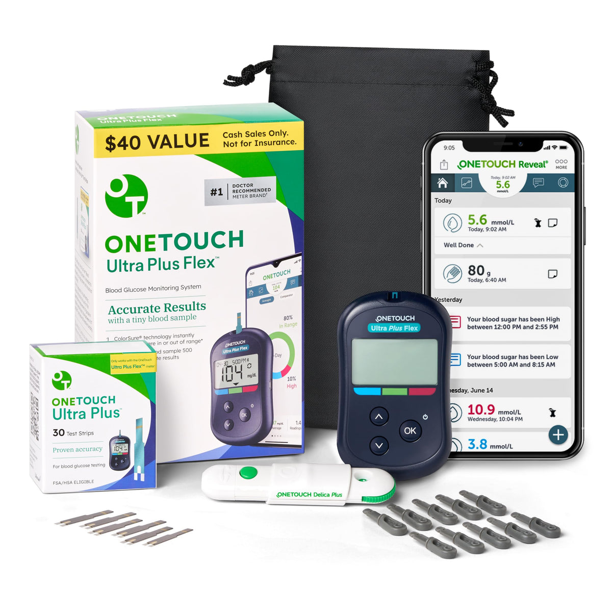 Blood Glucose Test Kit with Meter, Strips, Lancets, Pouch Z66690