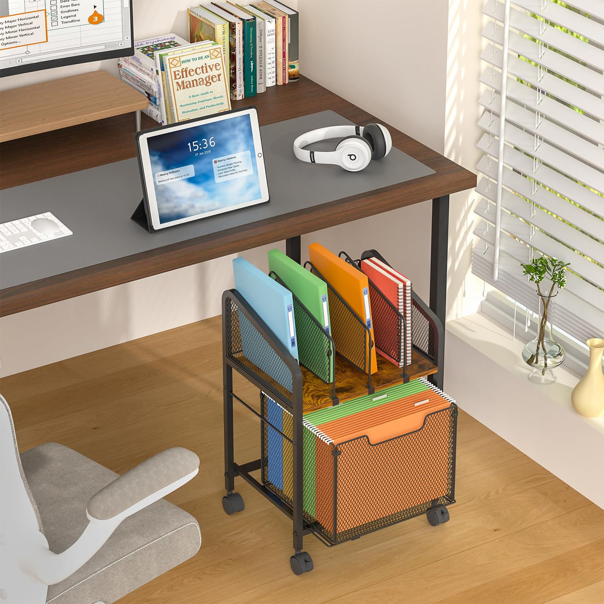Rolling File Cabinet with Adjustable Dividers and Storage Drawer W17199
