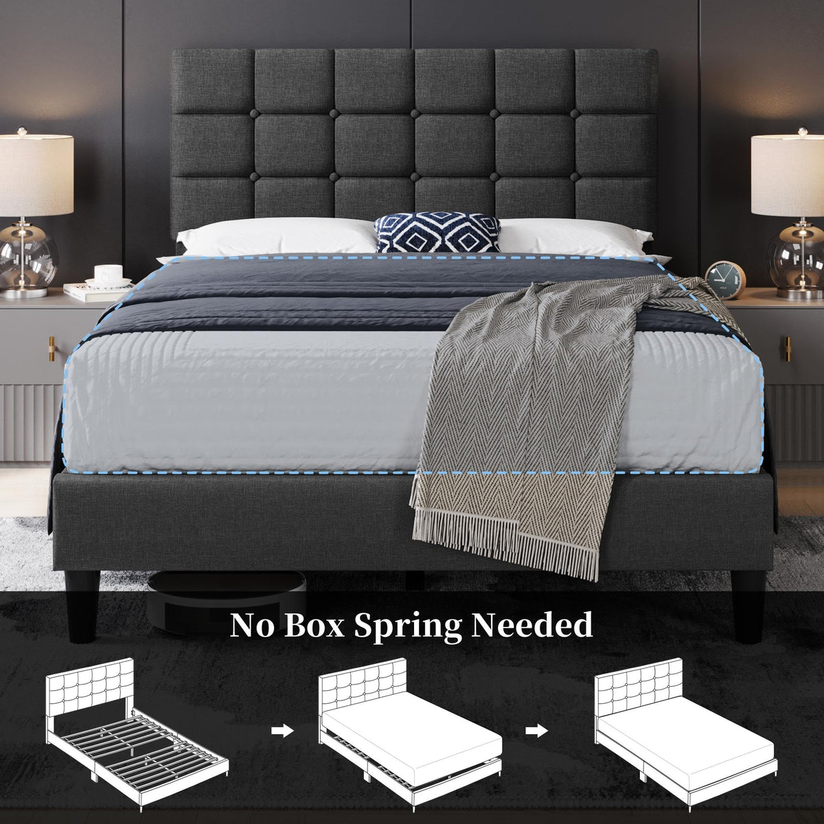 Full Size Upholstered Tufted Bed Frame with Headboard W339