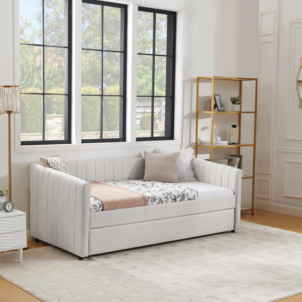 Twin Size Upholstered Linen Daybed with Trundle M19331