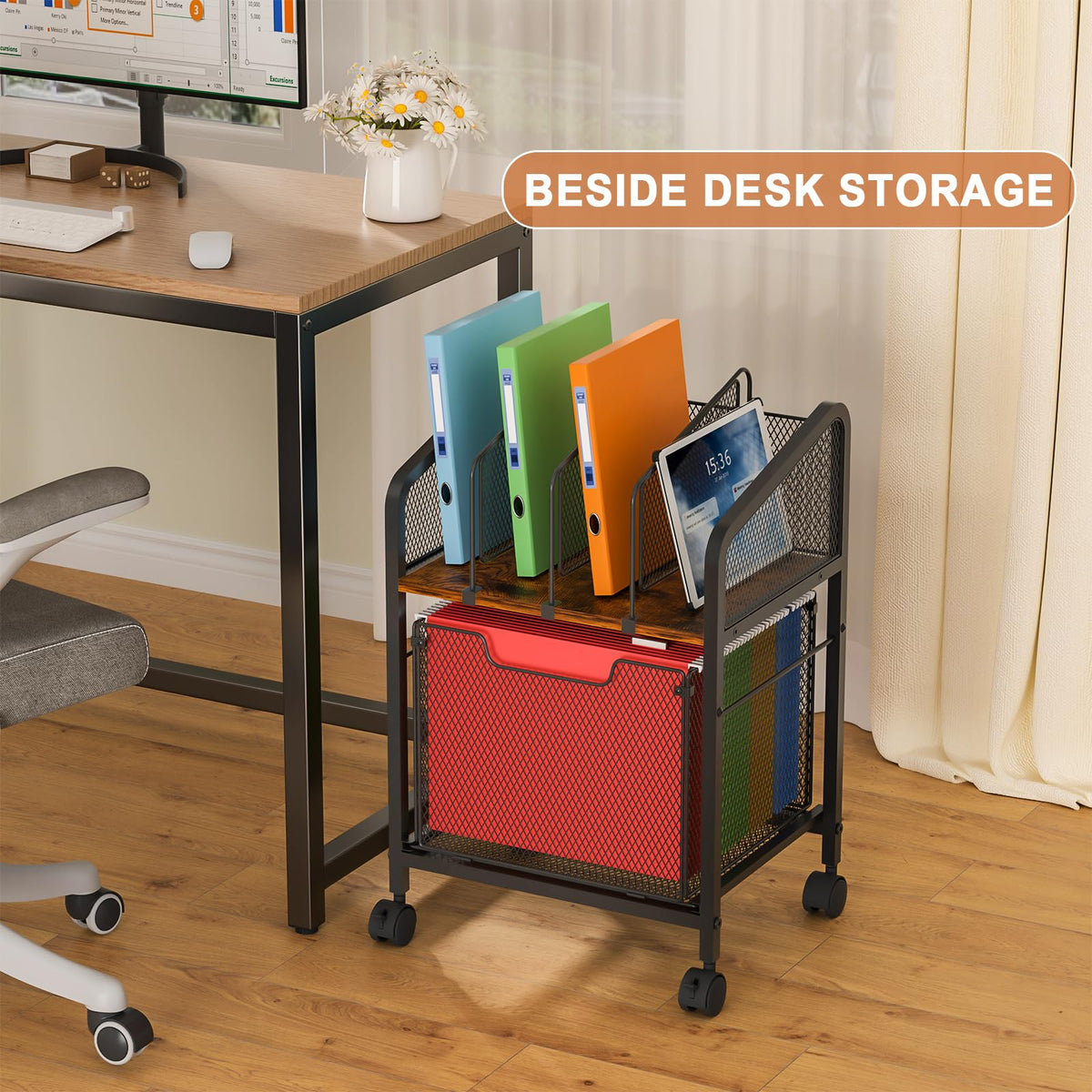 Rolling File Cabinet with Adjustable Dividers and Storage Drawer W17199