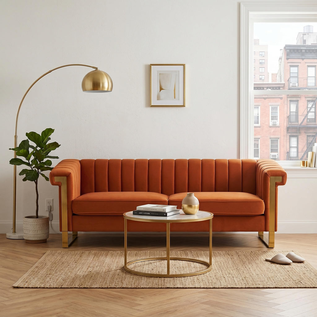 Orange Velvet 3 Seater Sofa with Gold Metal Legs H6030
