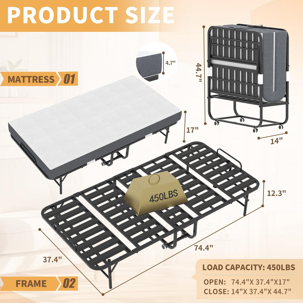 Foldable Roll Away Bed with Mattress 75" x 38" O58357