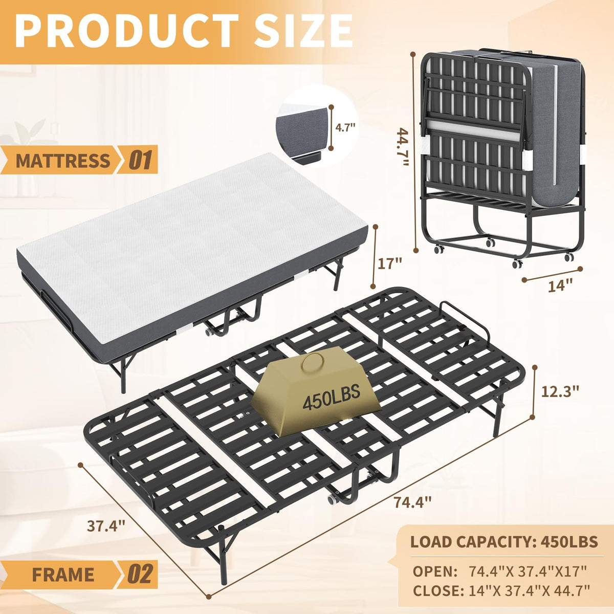 Foldable Roll Away Bed with Mattress 75" x 38" O58357