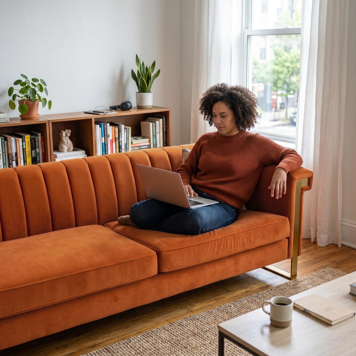 Orange Velvet 3 Seater Sofa with Gold Metal Legs H6030