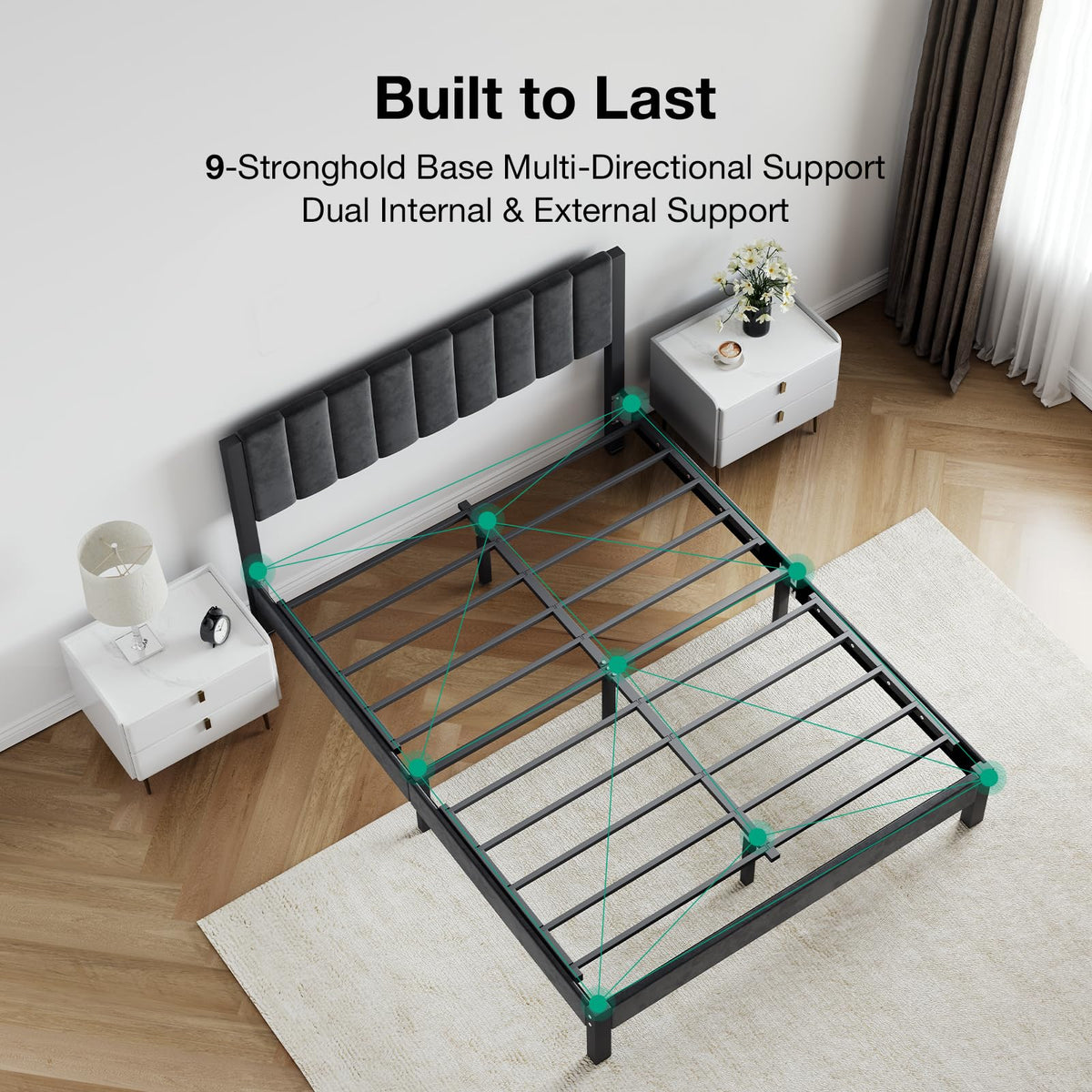 Full Size Metal Platform Bed Frame with Velvet Black Headboard and Footboard S6869
