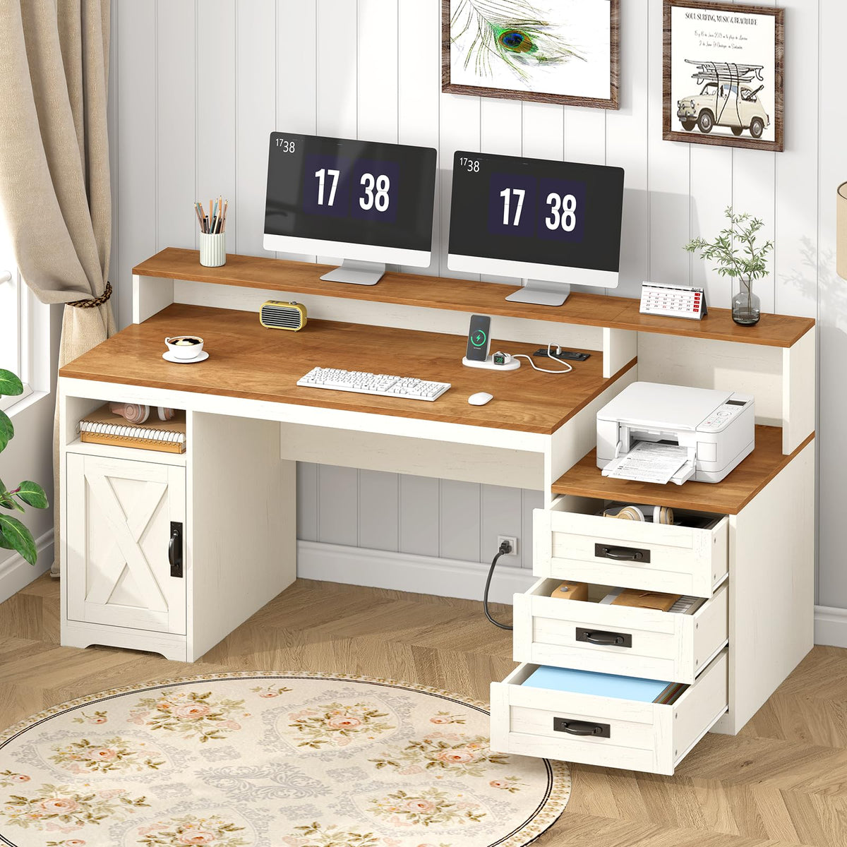 65" Computer Desk with Drawers and Printer Stand H125