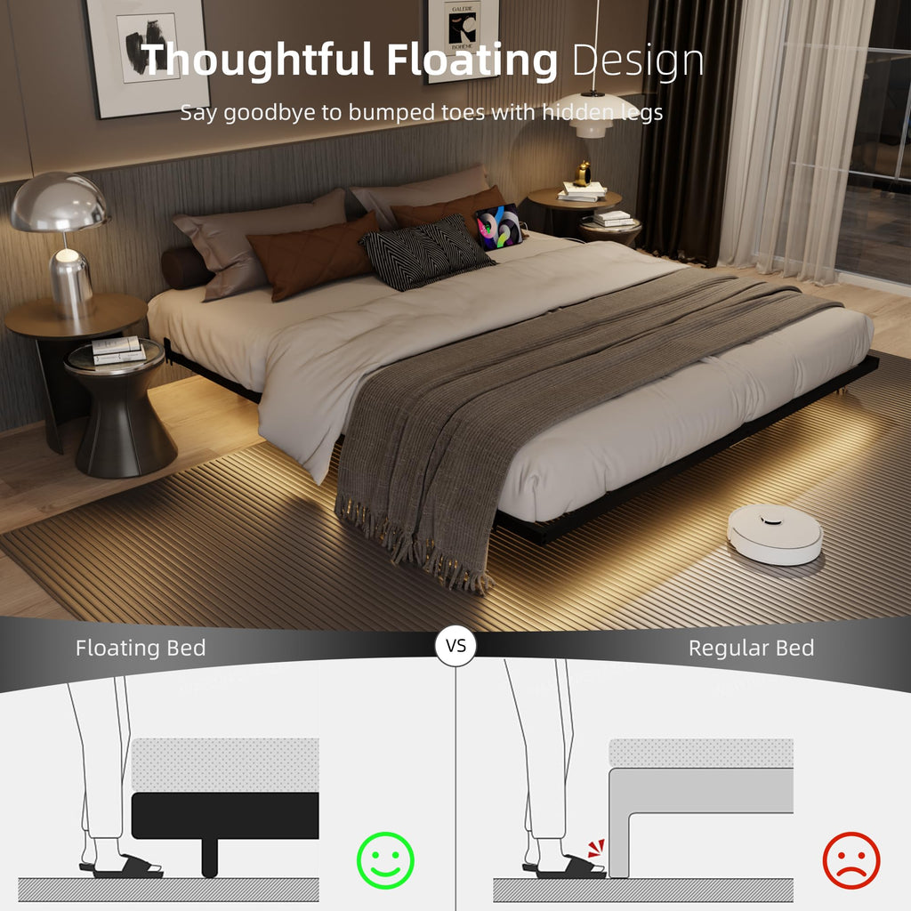 King Size Metal Platform Bed Frame with Charging Station and LED Lights F53552