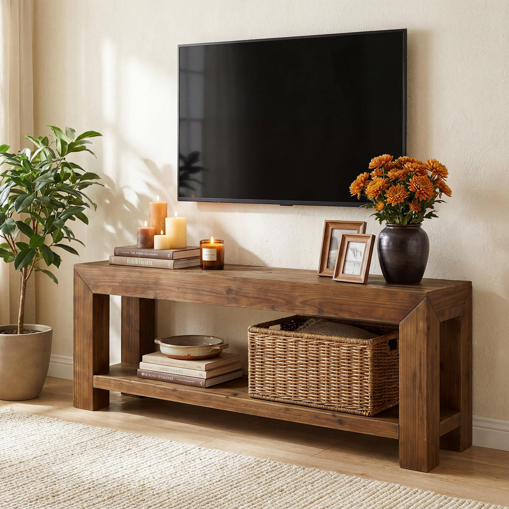 Solid Wood 63" TV Stand with Open Storage Shelves J477