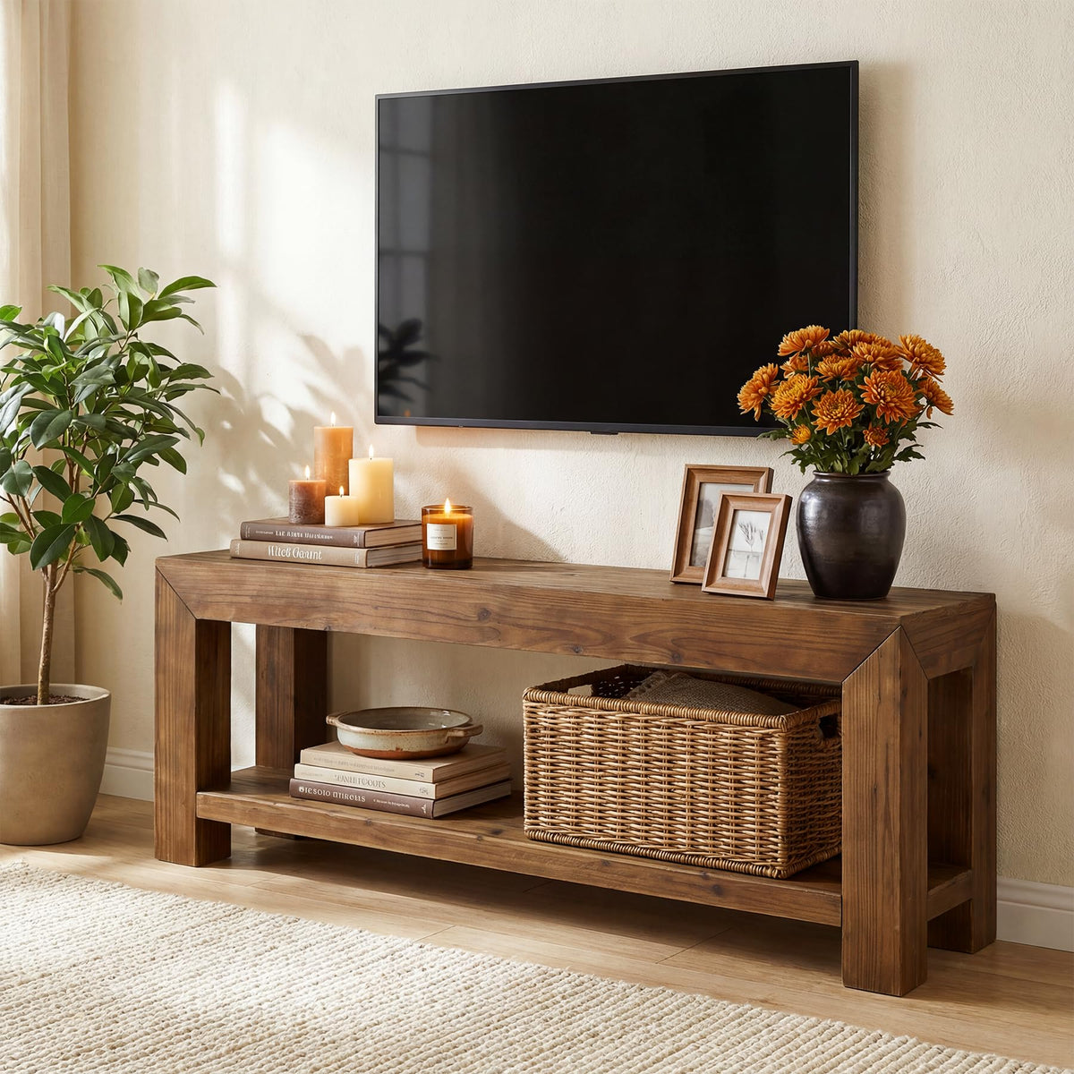 Solid Wood 63" TV Stand with Open Storage Shelves J477
