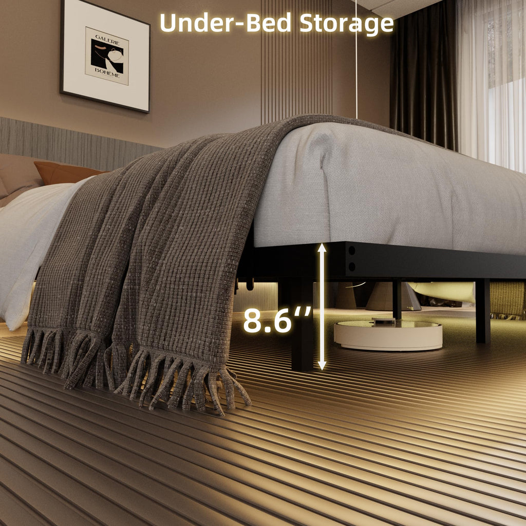 King Size Metal Platform Bed Frame with Charging Station and LED Lights F53552