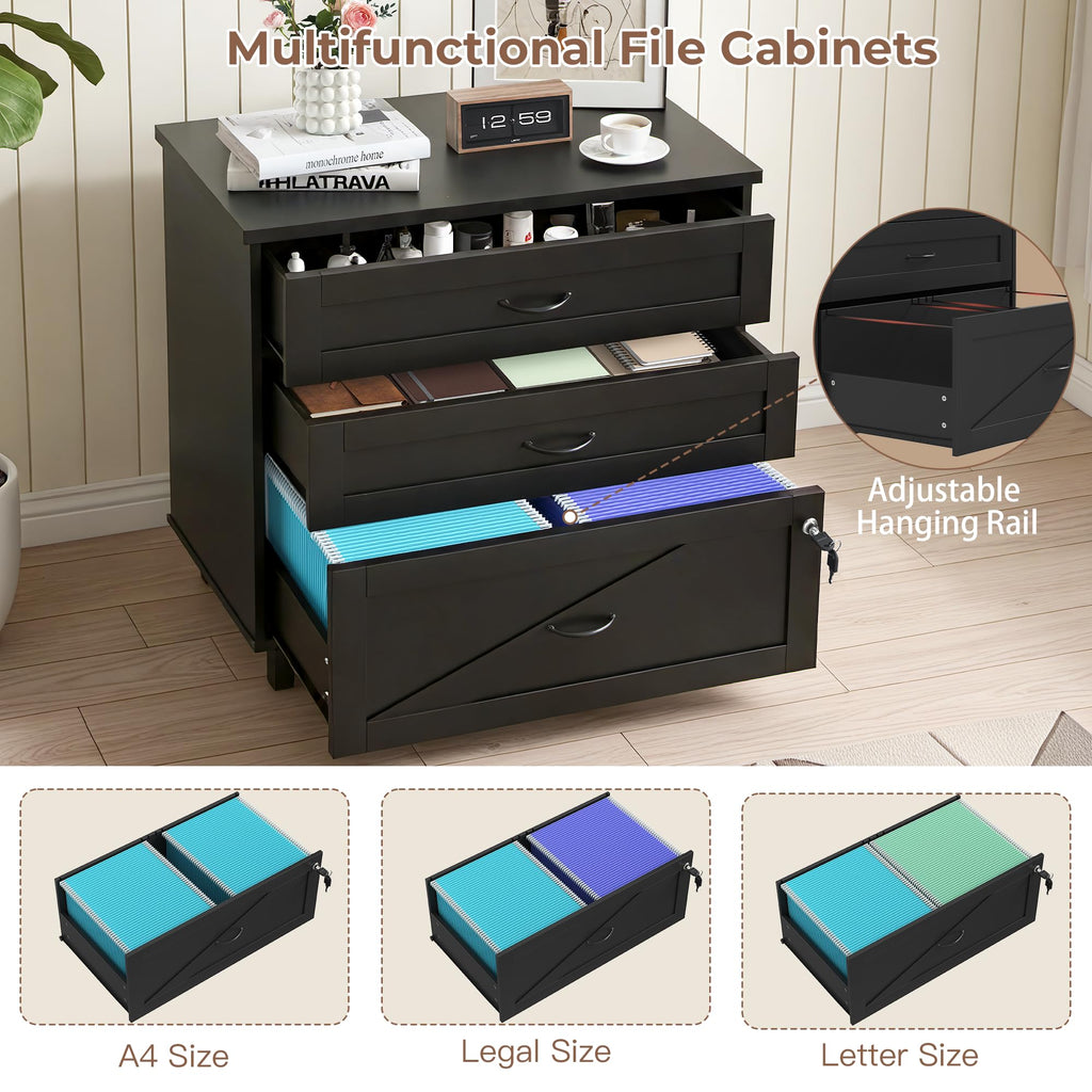 3-Drawer Wooden File Cabinet with Lock S36845
